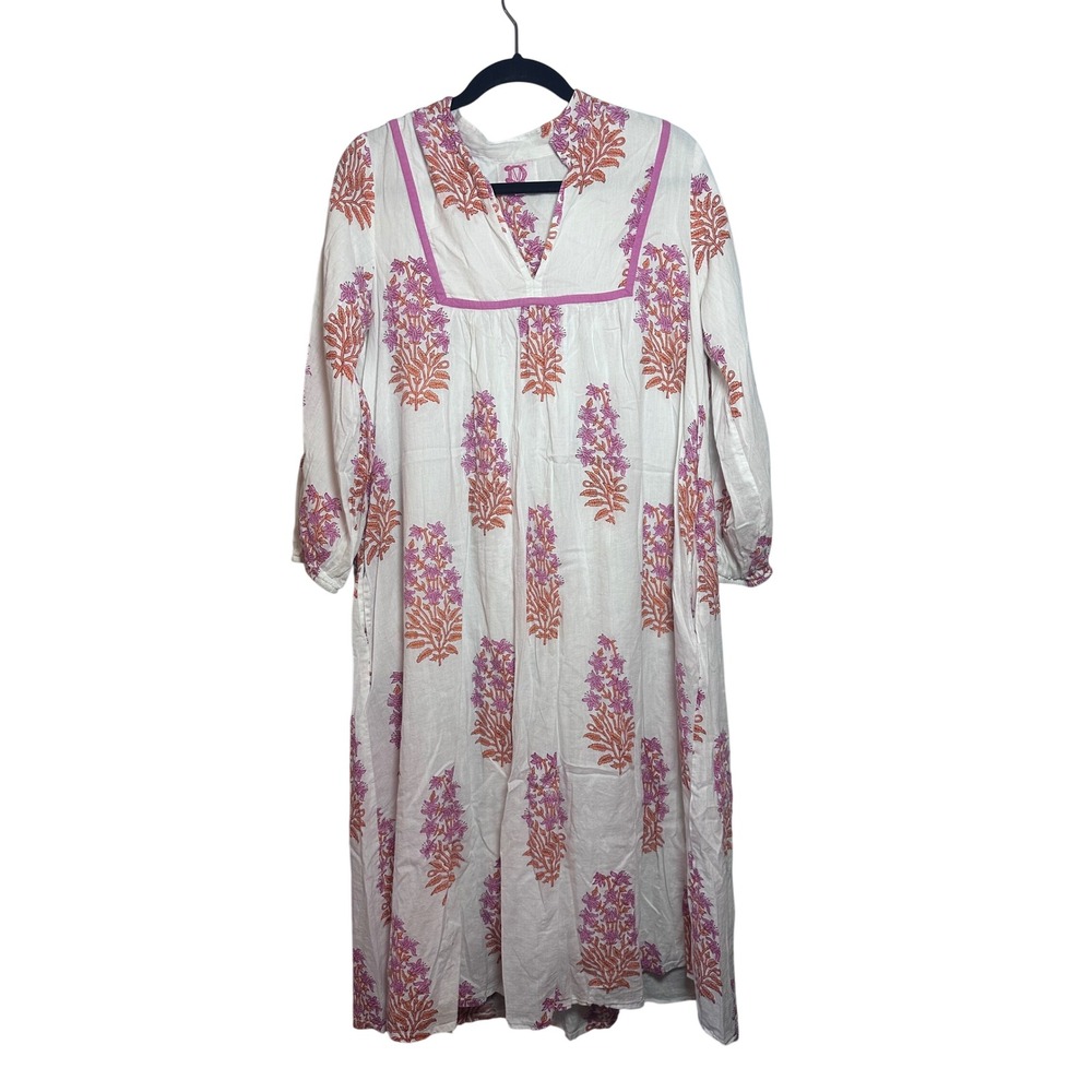 Victoria Dunn Cotton Floral Print Maxi Dress XS/M Lined Kaftan Preppy Old Money